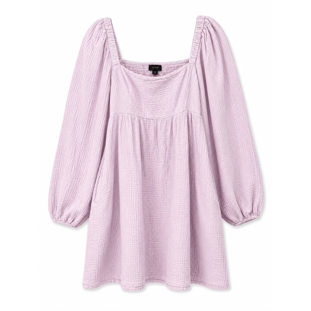 J.Crew Pink Cotton Gauze Puff Sleeve Mini Dress Square Neck Pockets Women's M